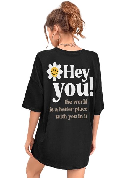 

slogan & floral print drop shoulder tee c4xy#, White