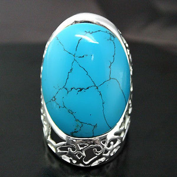 

un27x33mm solid 925 silver blue natural turquoise fashion ring size 7/8/9/10