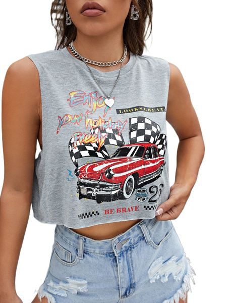 

slogan & car print crop tank f5wr#, White
