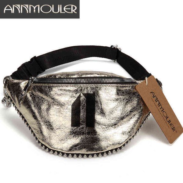 Annmouler Fashion Women Mense Budge Bead Big Cuething Ceather Taiste Bag Cheam Chain Fanny Pack 3 цвета телефон с бусинками 220531