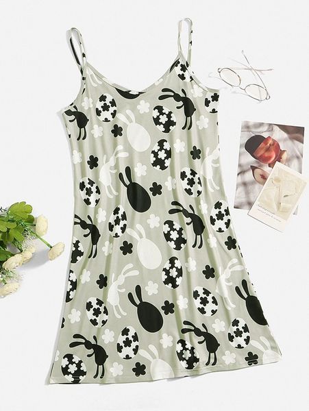 

easter cartoon & floral print cami night dress u6ie#, Black;red