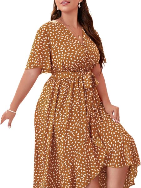 

plus allover print butterfly sleeve wrap hem belted dress 11dh#, Black