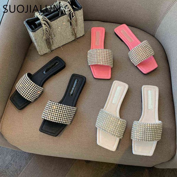 

suojialun summer new brand women slipper fashion bling crystal ladies beach flip flop shoes flat heel square toe slides sandals 220627, Black