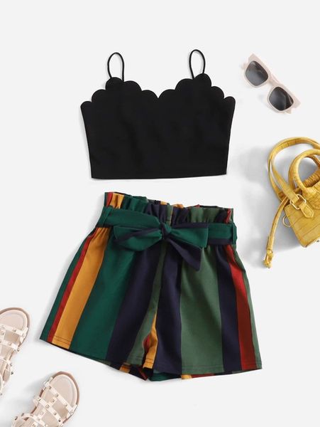 

girls scallop trim cami & colorblock belted shorts set she, White
