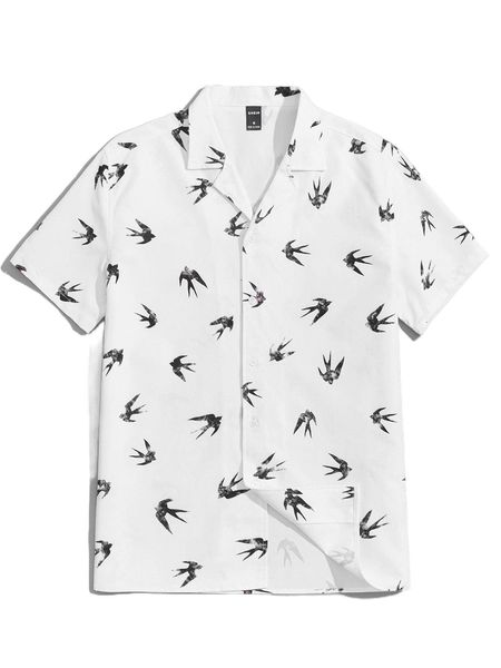 

men lapel neck bird print shirt 53pf#, White;black