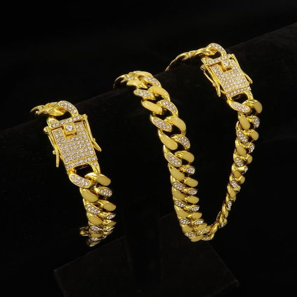 

earrings & necklace mens hip hop full diamond cuban link chain pave setting rhinestone male iced out bling bracelet jewelry set, Silver