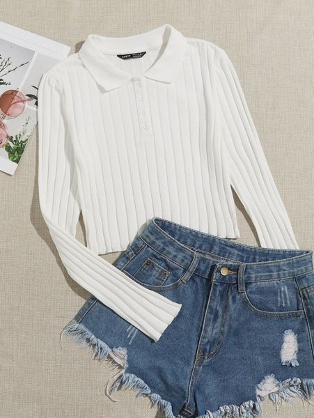 

lettuce trim button half placket rib-knit l0ru#, White
