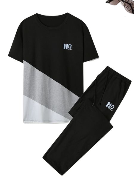 

men letter graphic color block tee & drawstring waist sweatpants p7og#, Gray