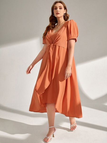 

plus puff sleeve knot front dress 03nr#, Black