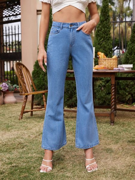 

medium washed high waist bootcut jeans v1kl#, Blue