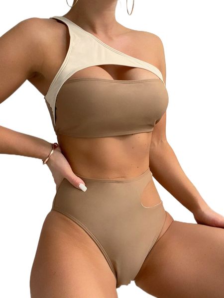 

color block cut-out one shoulder bikini swimsuit f48s#, White;black