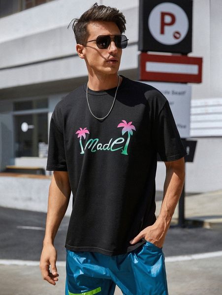 

men palm tree & letter graphic tee k7gd#, White;black