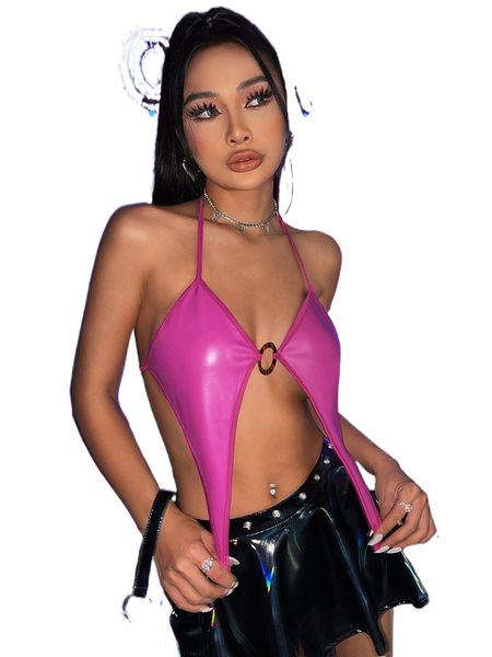 

ring linked tie backless asymmetrical hem pu leather halter s9ao#, White