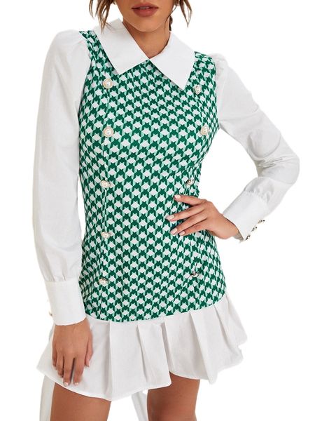 

houndstooth print fold pleated hem colorblock 2 in 1 dress j2bj#, Black;gray