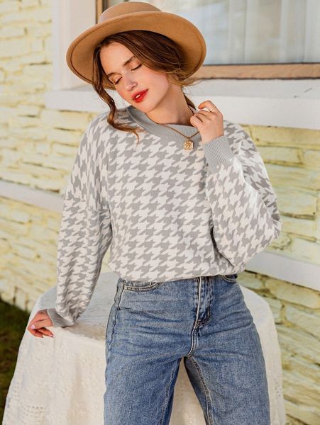 

simplee drop shoulder houndstooth pattern sweater z2s7#, White;black