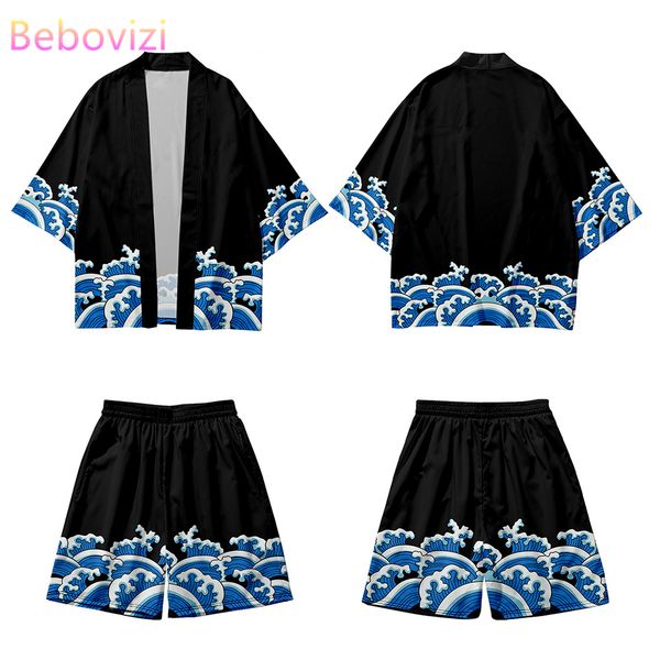 

japanese cosplay waves print cardigan harajuku kimono shorts sets yukata asian clothing shirt women men haori two-piece suit, Red