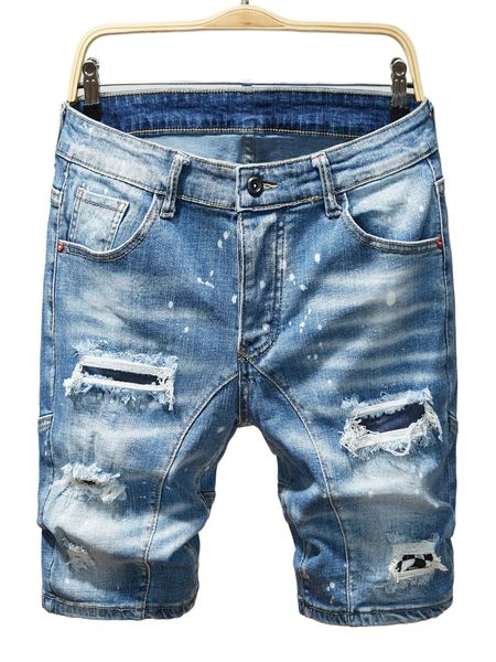 

men ripped frayed splash ink print denim shorts e2hs#, White;black