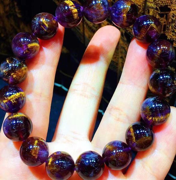 

genuine natural cacoxenite purple rutilated quartz bracelet women men 12.2mm stretch crystal clear round beads aaaaaa, Silver