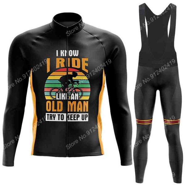 

2021 oldman cycling jersey set summer mens retro long sleeve clothing suit maillot mtb bike road pants bib ropa ciclismo, Black