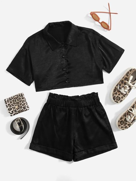 

girls button front crop blouse & paperbag waist shorts she, White