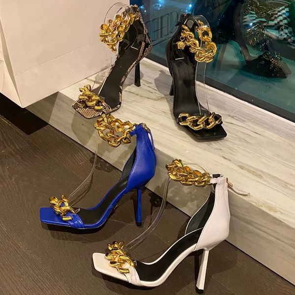

2022 womens summer fashion high stiletto heel sandal ladies luxury designer genuine leather ankle wrap chain shoes, Black