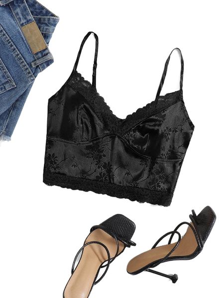 

bae plus lace trim floral jacquard satin cami f5fh#, Black