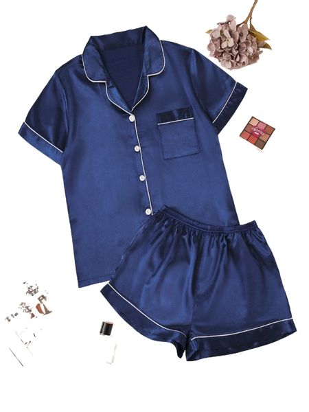

contrast binding satin pj set e7as#, Black;red
