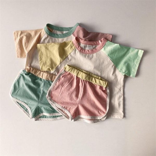 

2pcs baby boys girls outfits sets summer fashion short sleeve kids t shirts shorts stitching color clothing 220620, White
