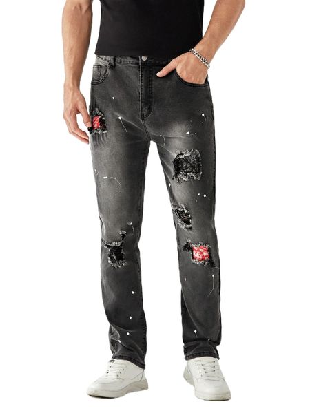 

men splash ink print rag stitching ripped straight leg jeans 45im#, Blue