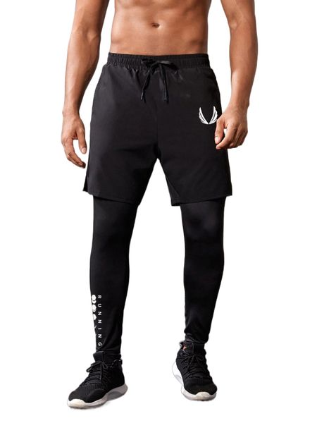 

men letter & geo print tie front 2 in 1 sports tights c4ks#, Black