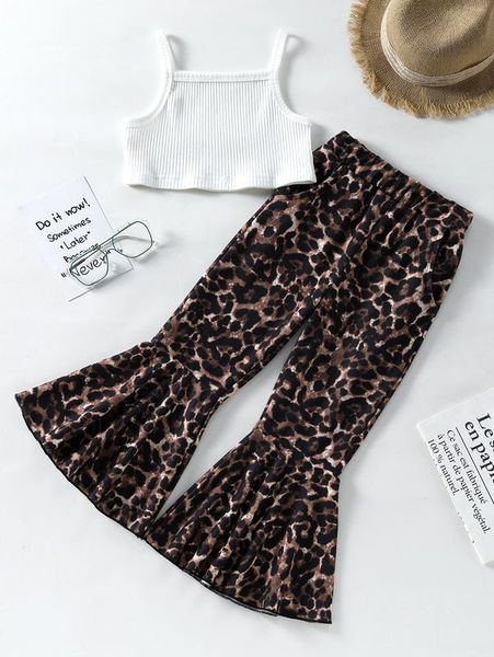 

little girl's suspender jacket with leopard print flared pants she, White