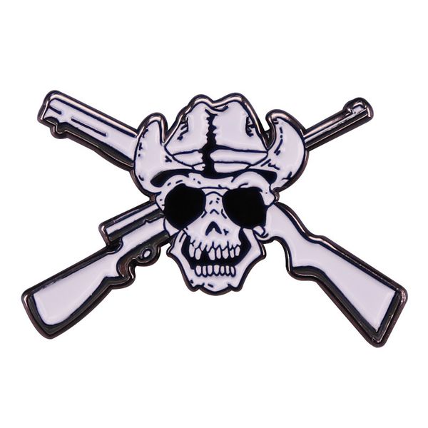 

cowboy hat skull crossed gun pistols enamel pin brooch funny cool badge, Blue