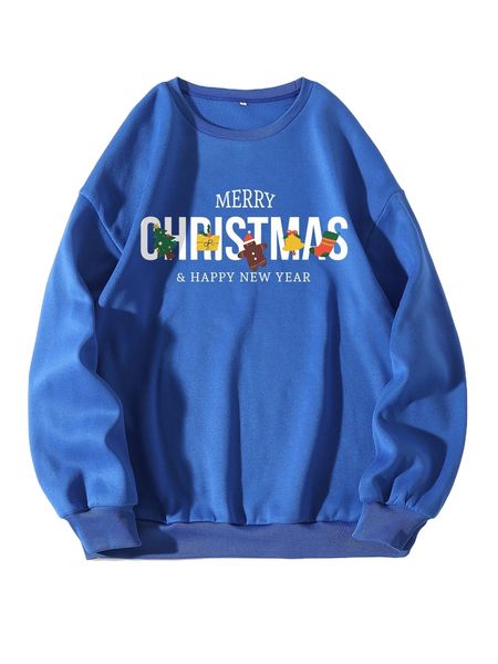 

christmas print round neck sweatshirt p2hm#, Black