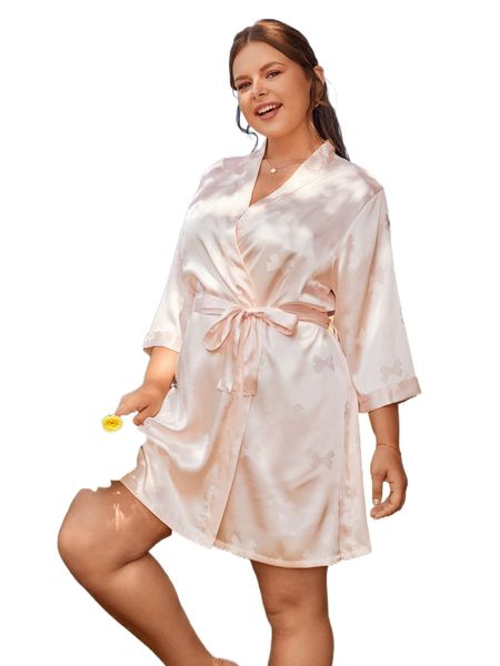 

plus bow jacquard belted satin robe r4vc#, Black;white