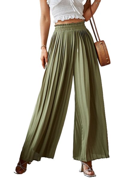 

simplee paperbag waist wide leg pants 94y9#, Black;white