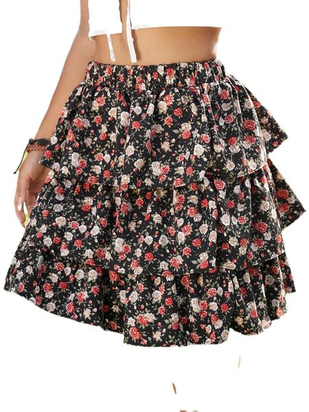 

petite floral allover print layered hem skirt 629p#, Black