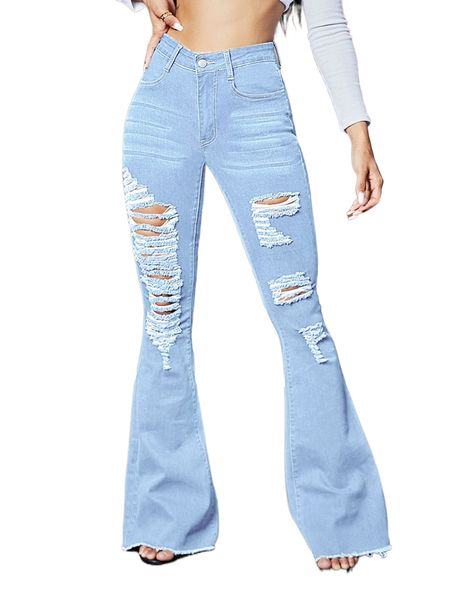 

zipper fly ripped raw hem flare leg jeans f4yl#, Blue