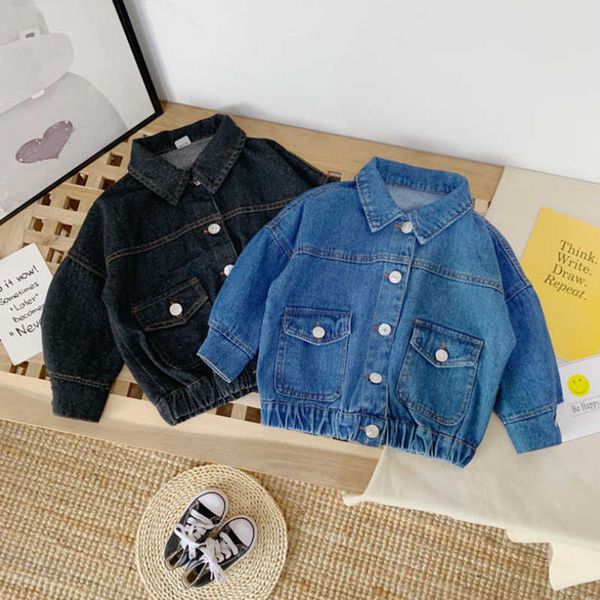 Reine Farbe Jungen Mädchen Denim Mäntel Neue Marke Frühling herbst Kinder Jacken Kleidung Cartoon Mantel Drehen unten Kragen Kinder Kleidung für