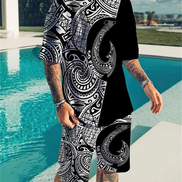

summer men s trend suit geometric pattern stitching 3d printing t shirt shorts sportswear 220621, Gray