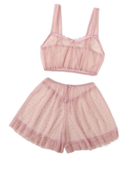 

polka dot mesh ruffle hem sheer lingerie set u1nk#, Black;red