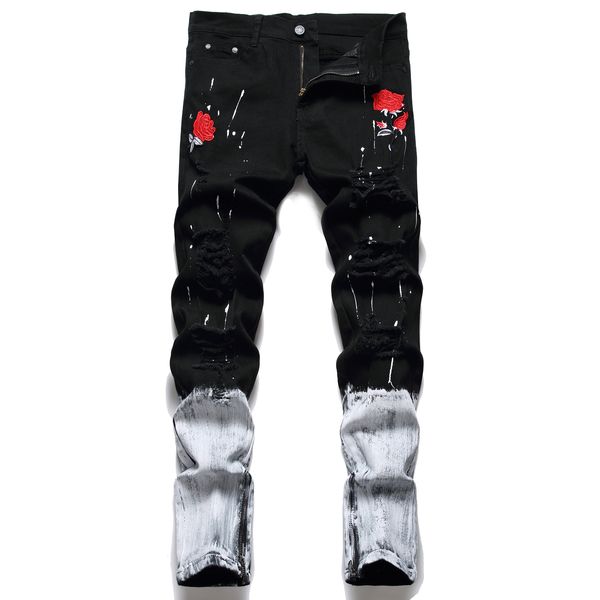 Slim Fit Jeans Rasgado Lédea Perna Homens Embroidery Alta Qualidade Regular Algodão Jean Pant Hip Hop Casual Grande Calças