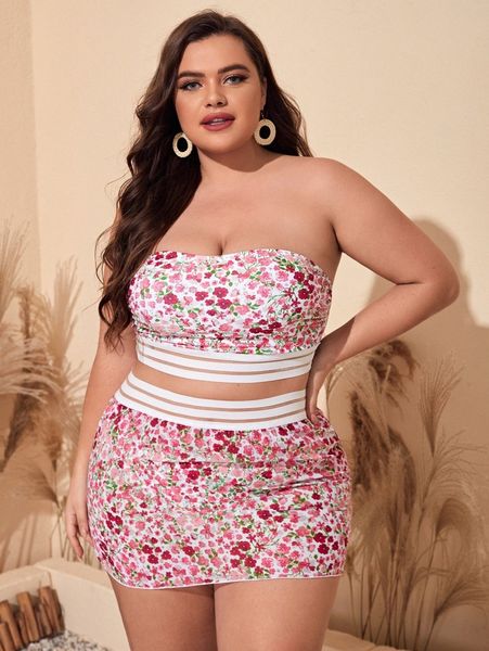 

plus ditsy floral contrast mesh bandeau bikini swimsuit s7kd#, White;black