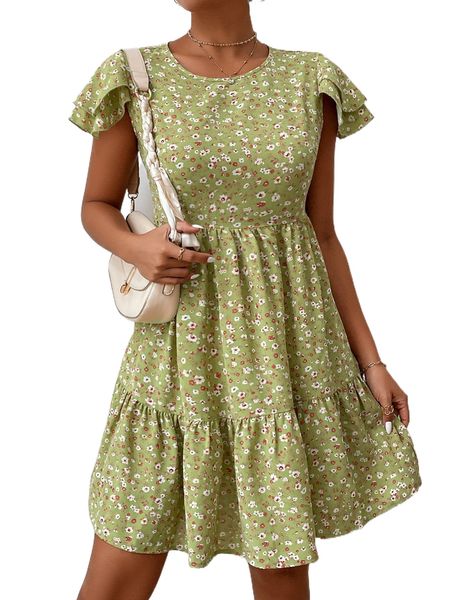 

ditsy floral print butterfly sleeve ruffle hem dress e9zg#, Black;gray