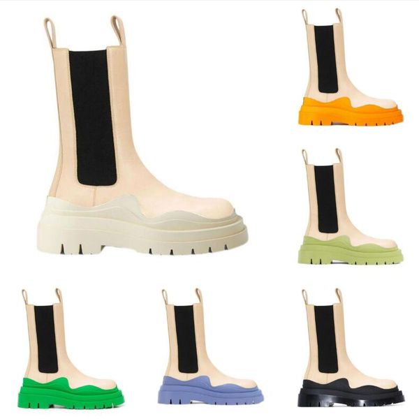 

two tone tire chelsea boots women platform chunky boot lady luxe design men calf desiger calfskin slip-on style round toe boots cream+beige, Black