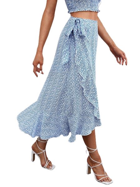 

ditsy floral wrap knot side skirt p29o#, Black