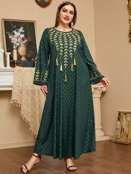 

plus gold polka dot leaf embroidery tassel detail maxi dress i8xi#, Black