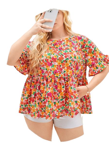 

plus allover floral print flounce sleeve peplum blouse m3zz#, Black