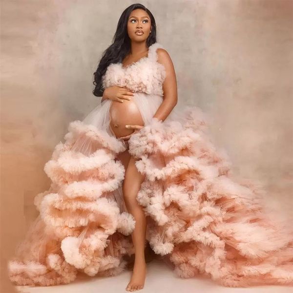 

2022 ruffles tulle kimono women prom dresses robe for pshoot puffy spaghetti straps ruffles tiered evening gowns african maternity dress pgr, Black