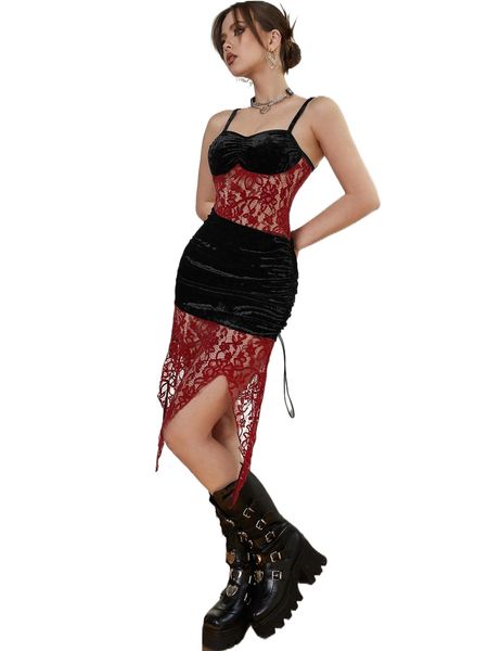 

l.ace panel split hem v.elvet d.ress 42un#, Black;gray