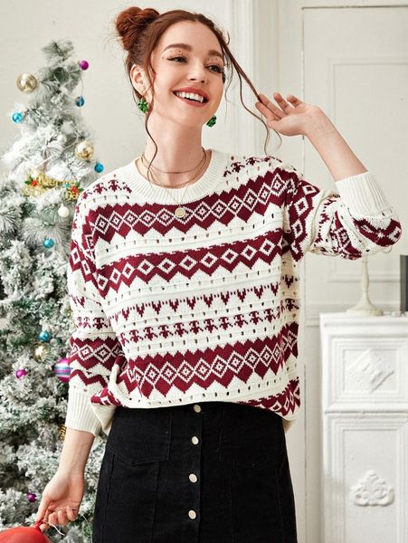 

christmas print drop shoulder sweater w5h4#, White;black